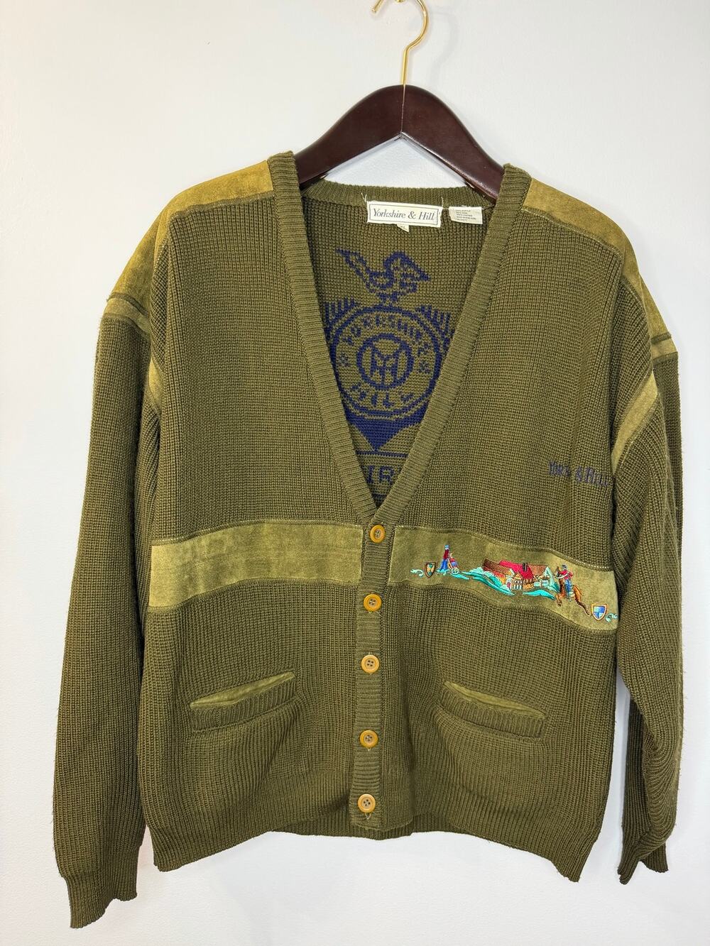 Yorkshire & Hill VGT Cricket Cardigan Suede & Embroidered Scenic Green Mens XL